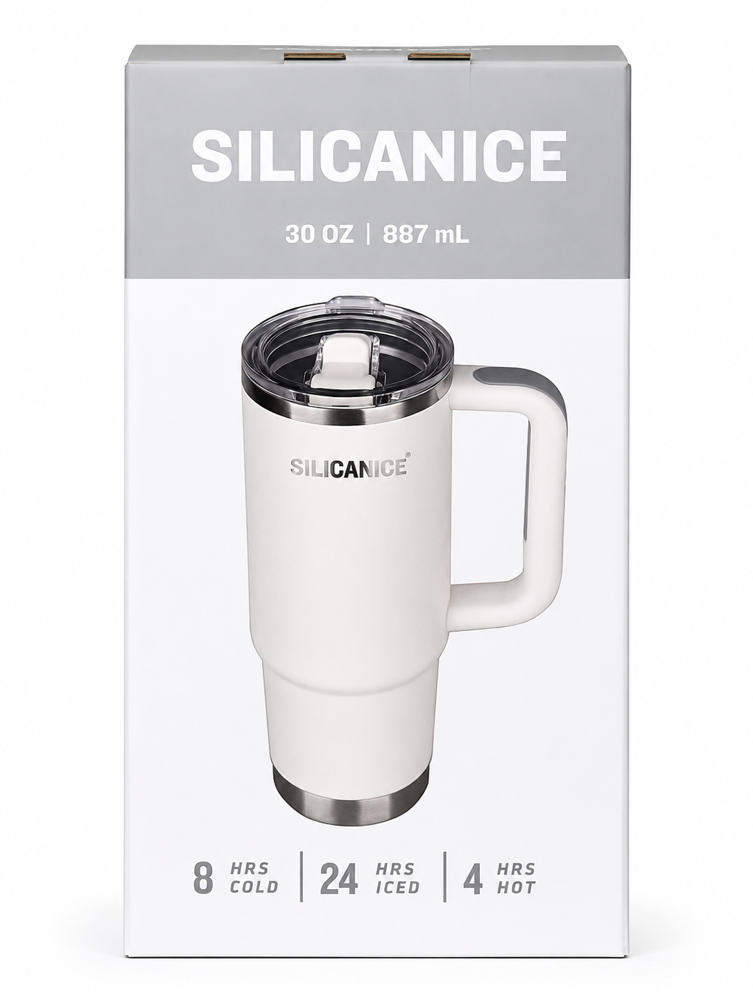 SILICANICE 30 oz Insulated Tumbler with Handle & Lid – White