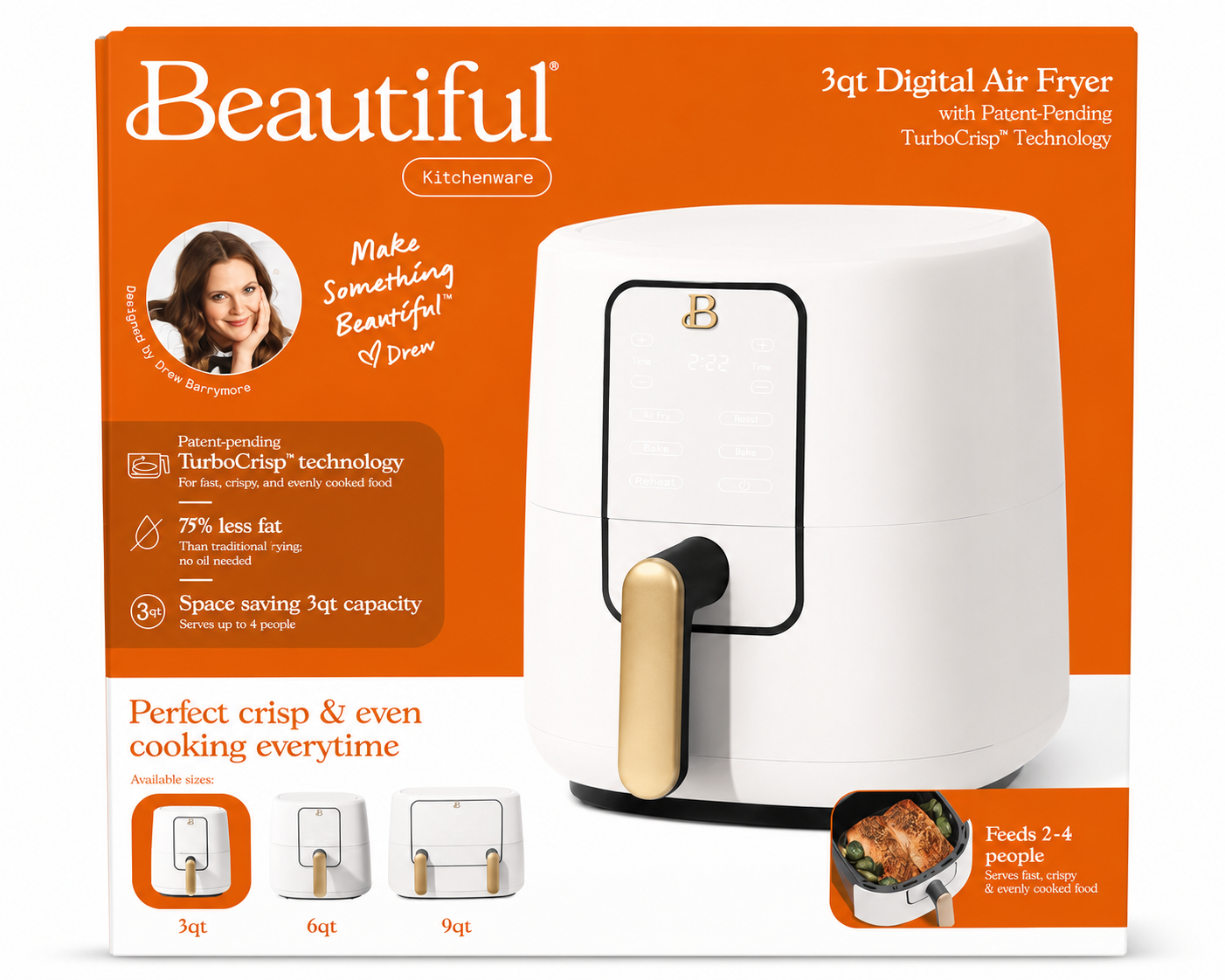 Beautiful by Drew Barrymore 3-Qt Digital Air Fryer with TurboCrisp Technology – White Icing