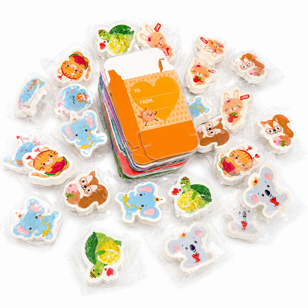 XOXO Valentine’s Cute Animal Scented Erasers – Kids Valentine Party Favors 28ct